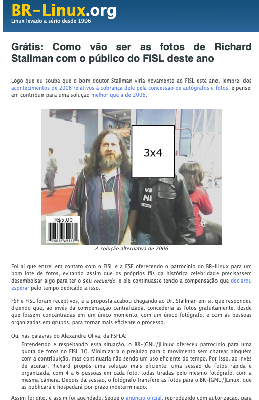 Print do post do BR-Linux incluindo uma foto de Stallman no FISL com espaço reservado para colar um retrato do interessado.