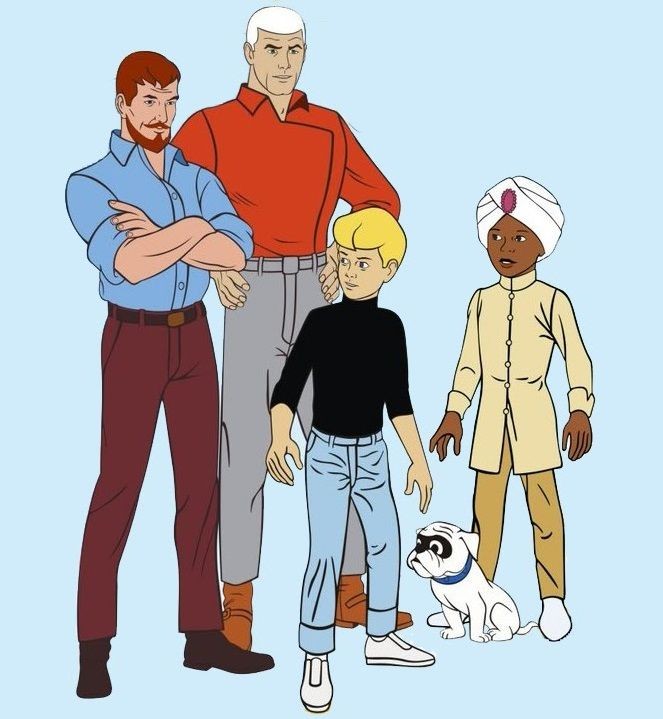a família de personagens centrais de Jonny Quest: Race Bannon, Dr. Quest, Jonny, Hadji e o cãozinho Bandit