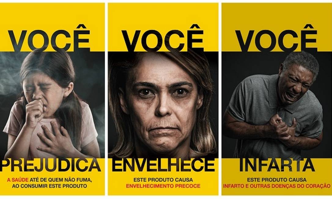 3 das novas advertências para maços de cigarro aprovadas pela Anvisa em 2017, com frases como: “Você prejudica” e “Você infarta”.