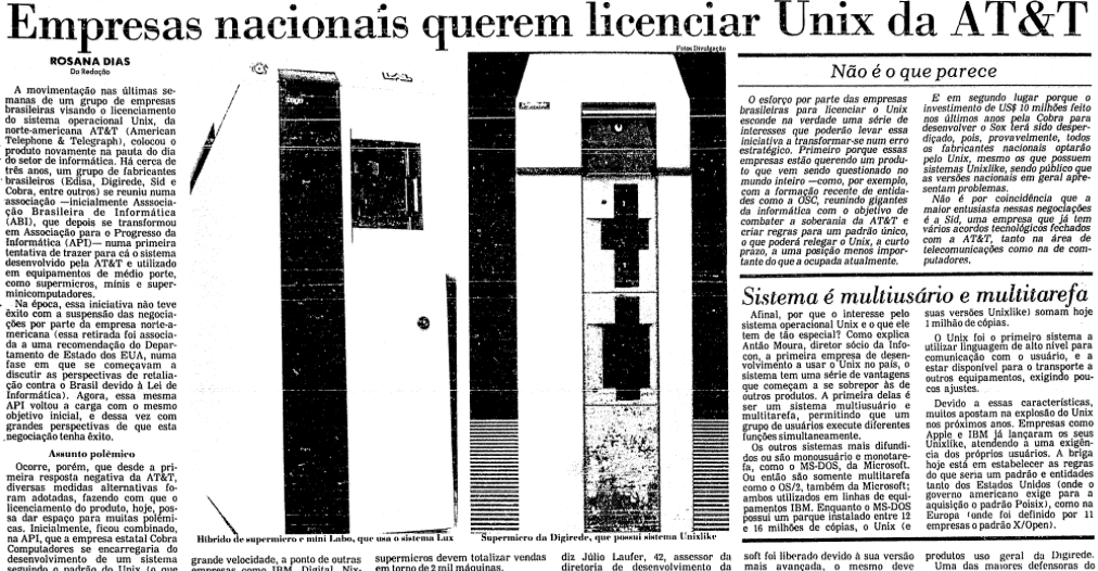 Matéria da Folha: “Empresas nacionais querem licenciar Unix da AT&T“