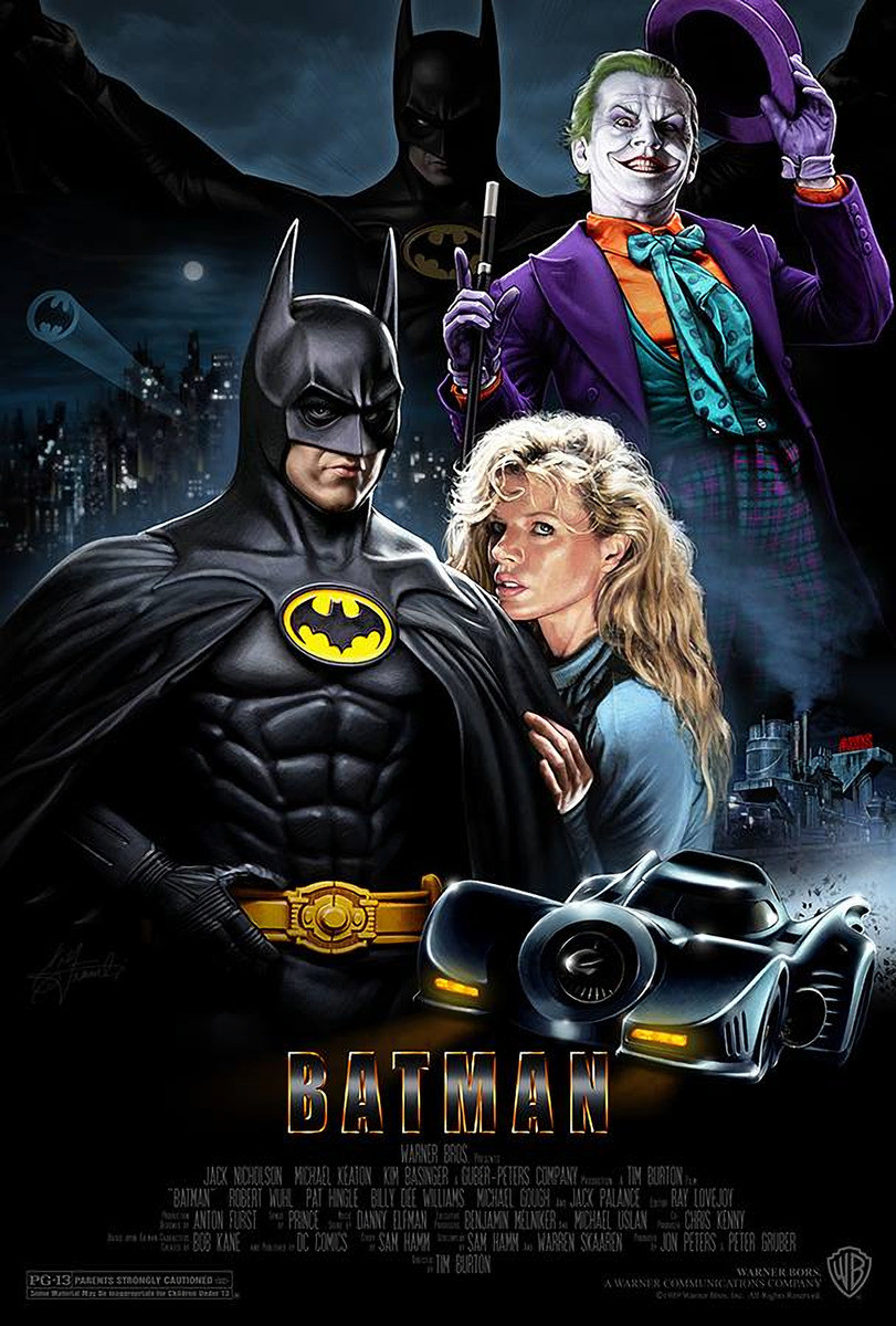 Cartaz do filme de 1989 com os 3 personagens centrais, o bat-sinal e o batmóvel.