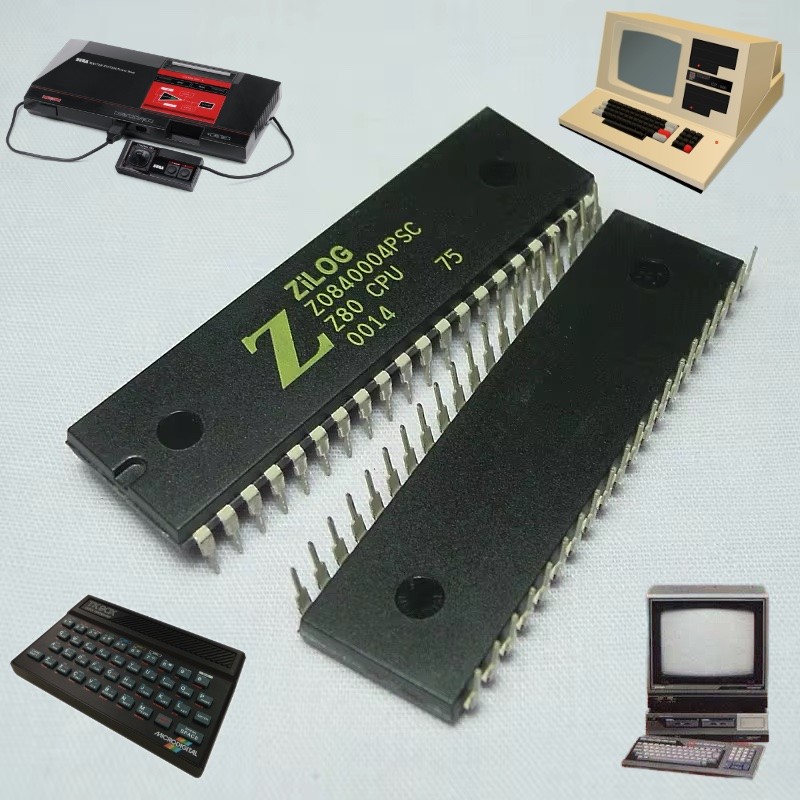 Um Z80 em frente e verso, cercado por fotos de um Master System, CP 500, Expert MSX e TK 90X,