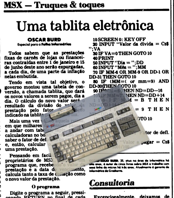 Foto de um computador Hotbit sobreposta a uma matéria da Folha, com o título “Uma Tablita Eletrônica“ e incluindo listagem de 17 linhas em BASIC para MSX