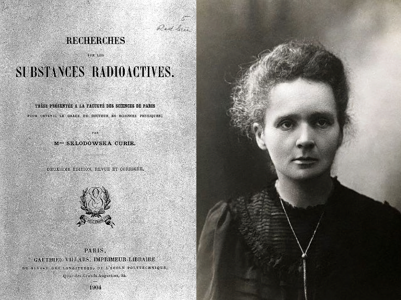 Capa da tese, e foto de Marie Curie