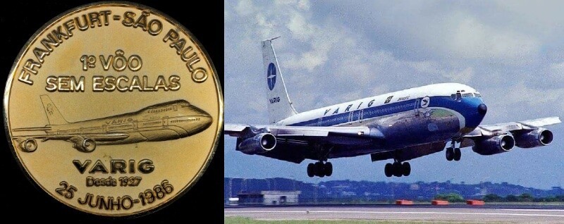Medalha comemorativa do 1º voo, e foto de pouso de avião da Varig