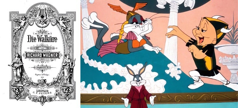 Capa do libreto da ópera, e cena de “What's Opera, Doc“ com o Pernalonga caracterizado como a valquíria.