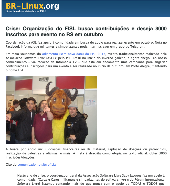 Print do conteúdo do post do BR-Linux com o título: Crise: Organização do FISL busca contribuições e deseja 3000 inscritos para evento no RS em outubro