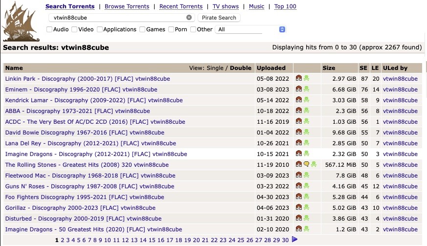 Print de tela do site thepiratebay10 mostrando o resultado da pesquisa por vtwin88cube