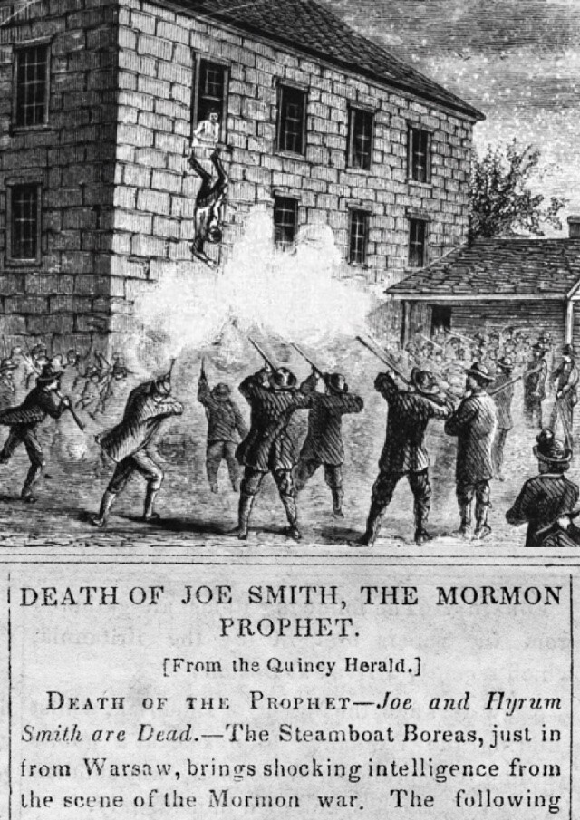Gravura e recorte de jornal da época descrevendo e ilustrando a morte de Joseph Smith