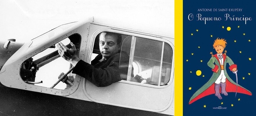 Exupéry na cabine de piloto, e capa de O Pequeno Príncipe