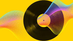 Imagem estilizada de um disco LP perpassado por ondas coloridas, em um fundo amarelo