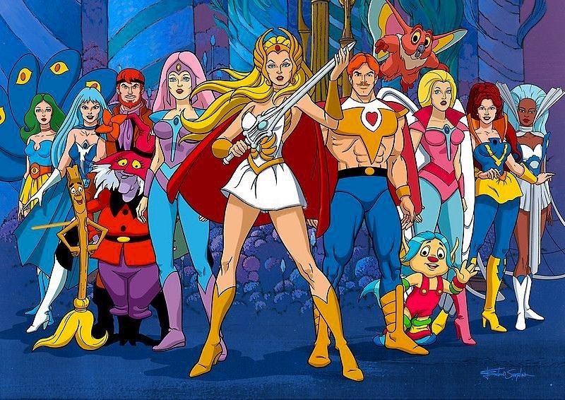 She-Ra e o elenco da série de animação dos anos 80.