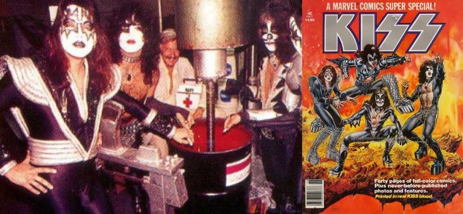 Integrantes da banda misturando sangue à tinta, e capa da revista com a frase: “Printed in real KISS blood“