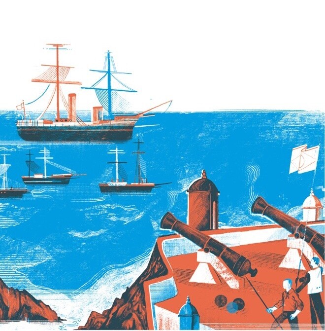 Ilustração baseada na aquarela Episódio Cormorant, de Euro Brandão, que mostra o Combate de Cormorant no Litoral do Paraná