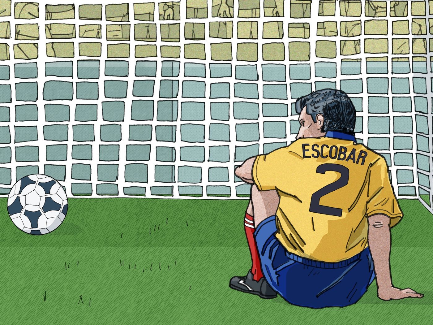 Ilustração representando Escobar logo após seu gol contra na copa do mundo.