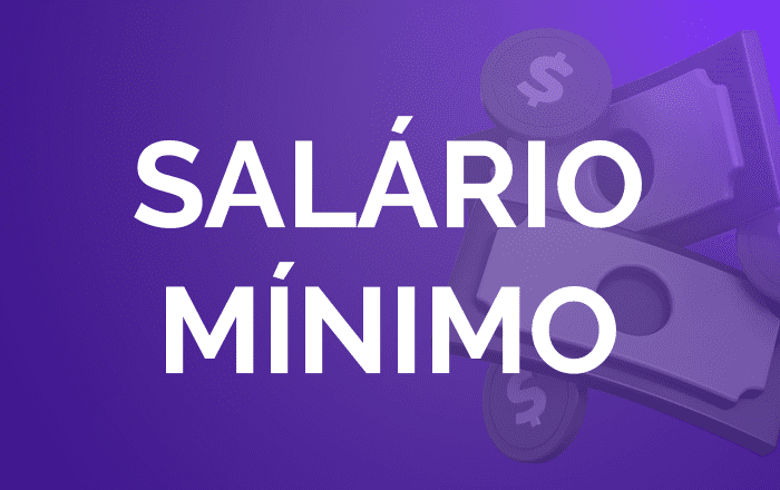 Banner representando o salário mínimo com cédulas e moedas estilizadas.