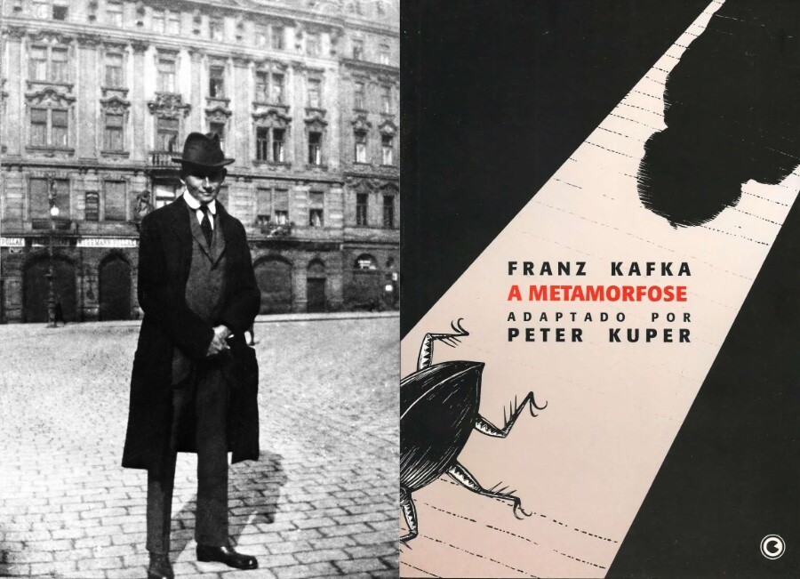 Foto em preto e branco de Franz Kafka, de chapéu e traje social de inverno, e capa de uma adaptação para quadrinhos de seu livro A Metamorfose