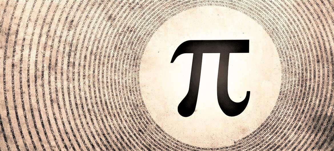 O símbolo pi, cercado por uma espiral formada pelos seus dígitos