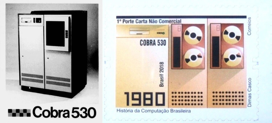 Foto promocional do Cobra 530, e o selo postal que o homenageia