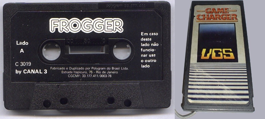 O cartucho do Game Charger e uma fita K7 do jogo Frogger, com a marca do concorrente Canal 3.