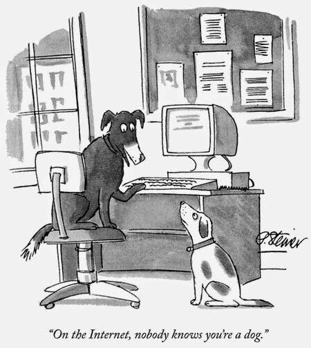 Um cachorro, em uma escrivaninha e em frente a um computador, diz ao outro: na Internet ninguém sabe que você é um cachorro