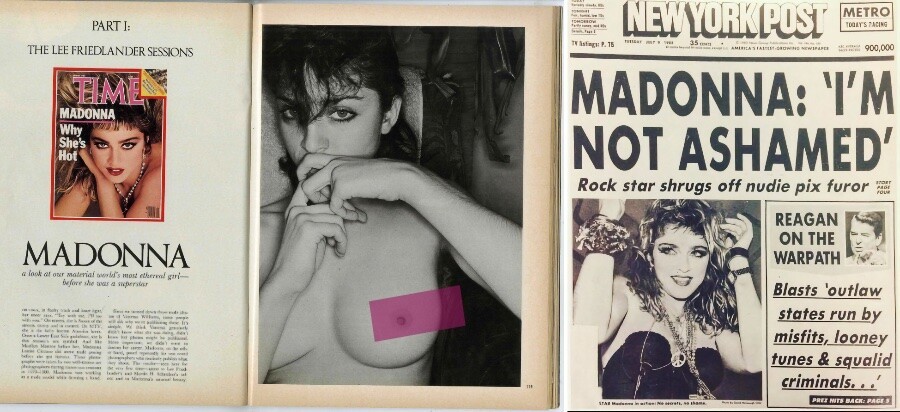 Madonna nas páginas da Playboy dos EUA e em capa de jornal dizendo: “Não estou envergonhada“. A tarja não consta no original e foi colocada por mim.