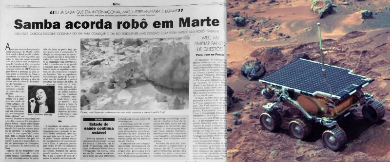 Jornal com a notícia “Samba acorda robô em Marte“, e foto artística da Sojourner no planeta vermelho.