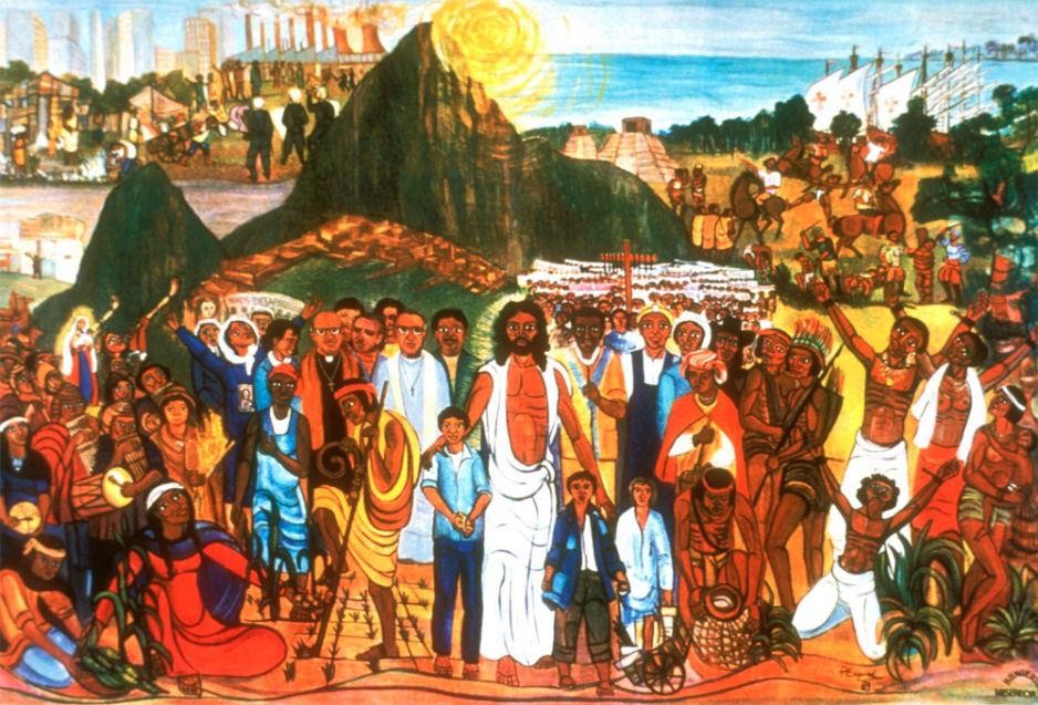 Reprodução da pintura 15ª Estação da Cruz da América Latina, de Adolfo Pérez Esquivel, mostrando Jesus em meio ao povo na paisagem carioca.