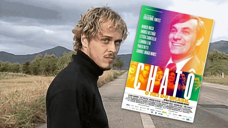 Guilherme Fontes, caracterizado como o personagem Alexandre, da novela A Viagem, e cartaz do filme “Chatô o Rei do Brasil“.