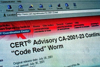 Alerta CERT sobre o Code Red, exibido em um navegador