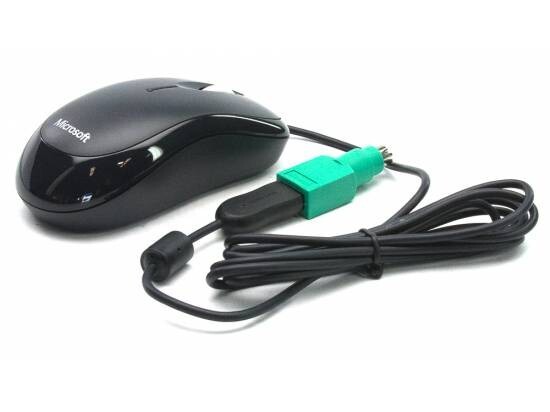 Versão moderna do mouse da Microsoft com cabo USB e adaptador PS/2