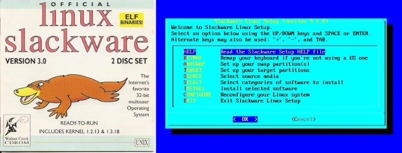Capa do CD do 1º Slackware que instalei, e menu de instalação clássico