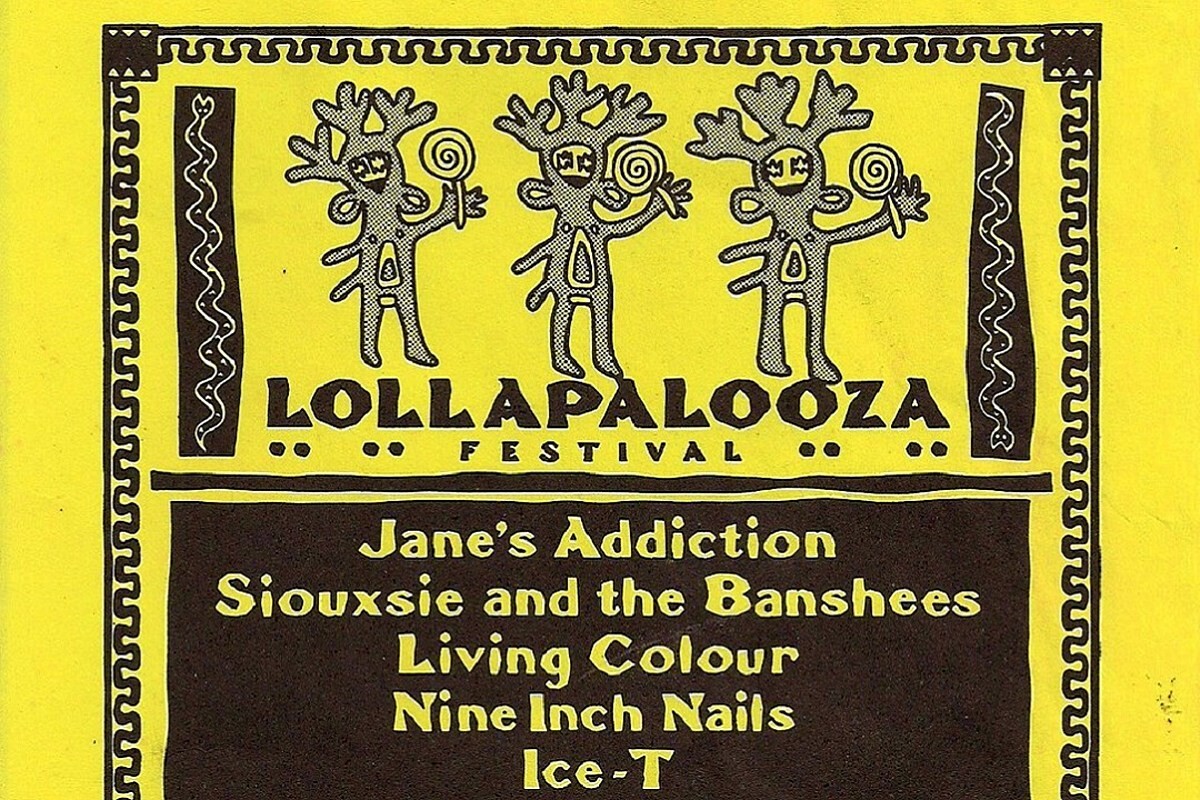 Fragmento de cartaz do primeiro Lollapalooza com o line-up incluindo Jane's Addiction, Siouxie, Living Colour e Ice-T