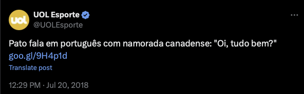 Chamada para uma matéria do UOL Esporte com o título: <br><br>Pato fala em português com namorada canadense: “Oi, tudo bem?“   