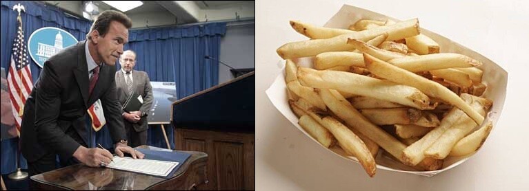 Fotos do governador Schwarzenegger assinando o ato, e de uma porção de batatas fritas
