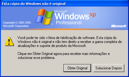Tela do alerta de “falsificação“ emitido pelo WGA