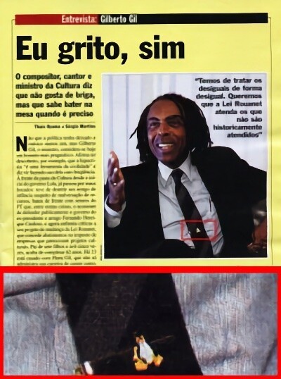 Gilberto Gil na foto da Veja, e ampliação do detalhe da sua gravata