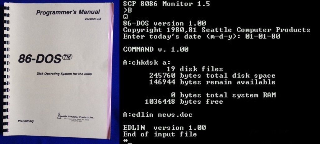 Manual e tela do QDOS/ 86-DOS/ MS-DOS/ PC-DOS