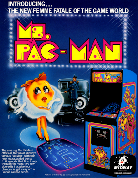 Flyer do jogo Ms. Pac-Man, com o título: <br><br>Introducing the new femme fatale of the game world: Ms. Pac-Man