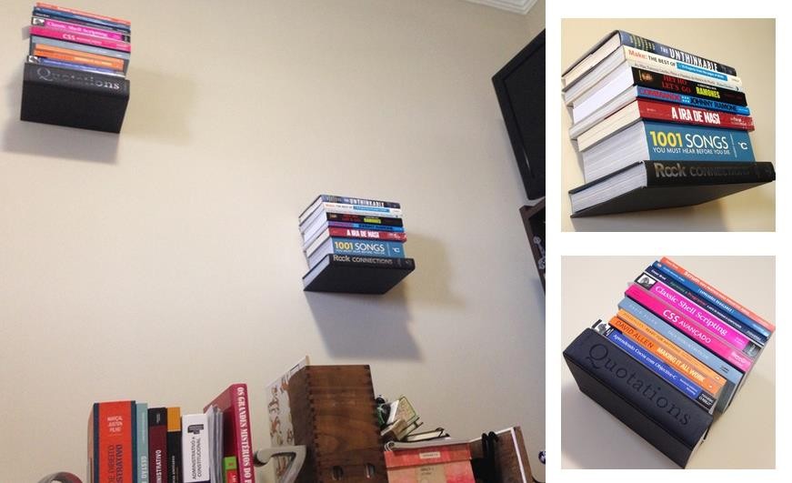 Duas prateleiras de livros, que ficam invisíveis devido ao processo de instalação, e fica parecendo que são pilhas de livros levitando na parede.