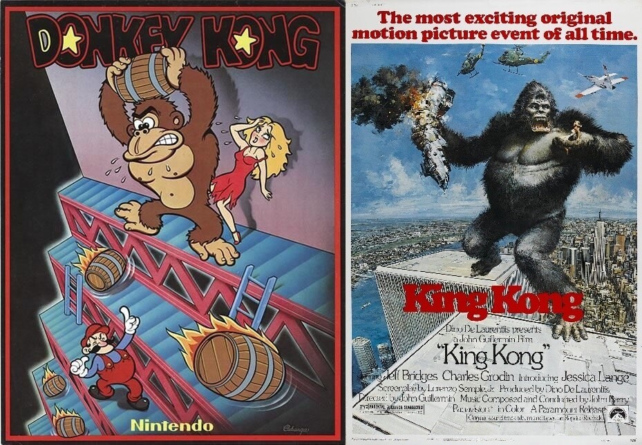 Arte promocional do Donkey Kong e cartaz do filme King Kong