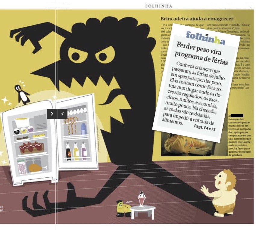 Matéria de jornal cujo título e trecho foram reproduzidos no post, ilustrada por um desenho em que a sombra de uma criança vira um monstro ameaçador que ameaça devorar uma geladeira aberta. Usei um fragmento da chamada de capa para ocultar o rosto da criança exposta em uma foto, e tarjei o nome dela.