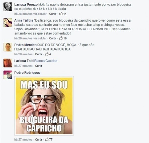 Print de comentários do post original zoando a autora e dando origem ao breve mas intenso meme “MAS EU SOU BLOGUEIRA DA CAPRICHO“