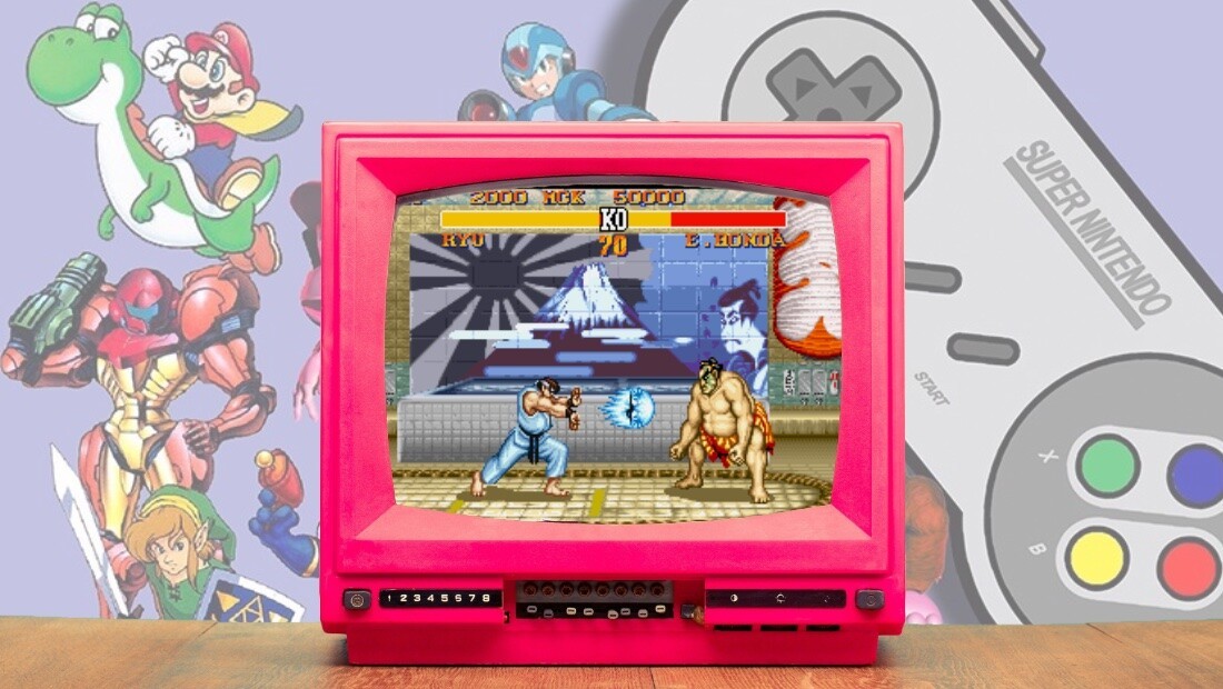 Ryu luta contra E. Honda na tela do SNES