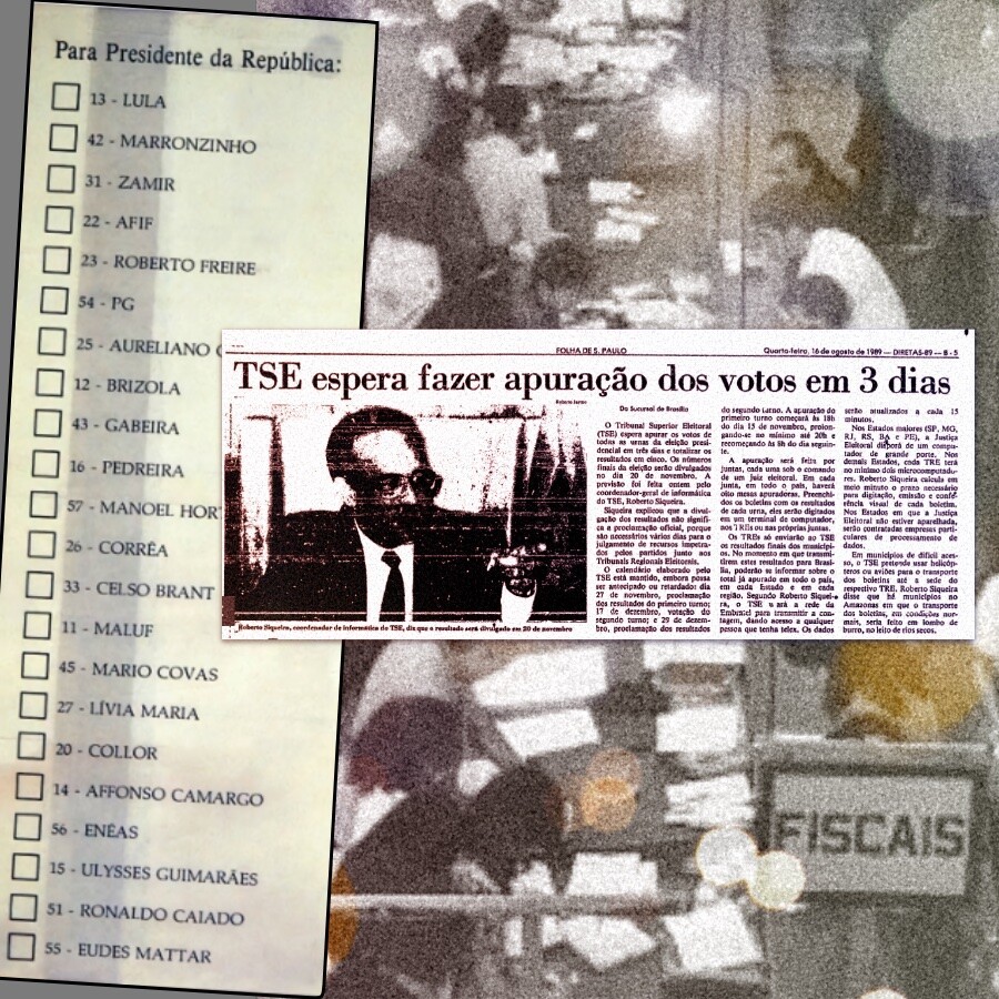 Cédula da eleição presidencial (1º turno) de 1989, e matéria da Folha com o título “TSE espera fazer apuraÇão dos votos em 3 dias“, aplicadas sobre foto de procedimento manual de totalização de votos