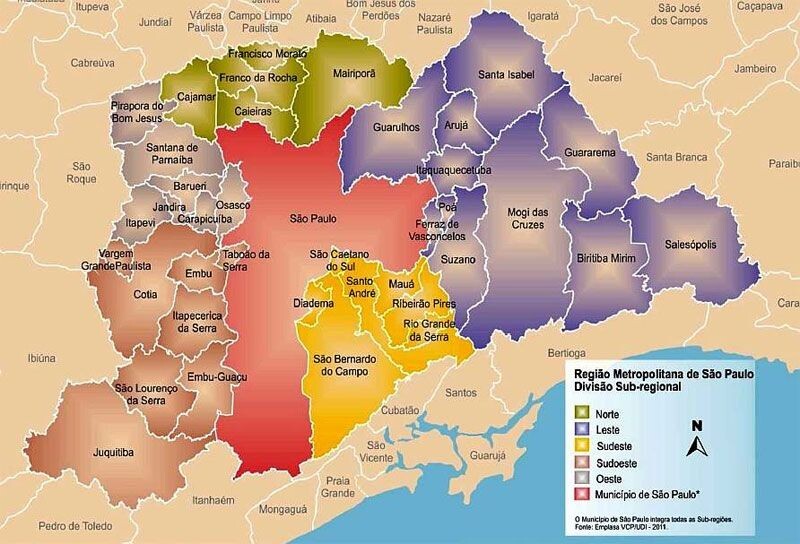 Mapa da região metropolitana, com o município de São Paulo em vermelho