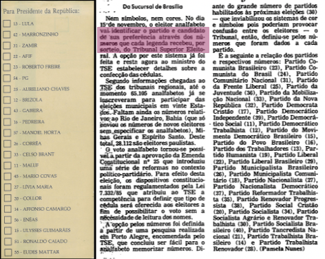 Cédula do 1º turno da eleição presidencial de 1989, com os números dos partidos junto a nomes de candidatos como Lula, Collor, Brizola, Gabeira, Maluf e Roberto Freire, ao lado de fragmento de matéria de jornal sobre o sorteio dos números, explicando o processo da sua seleção por sorteio, e dos testes feitos com eleitores analfabetos para verificar qual a melhor forma de associar as opções nos casos em que a pessoa não consegue ler os nomes, nem as siglas.