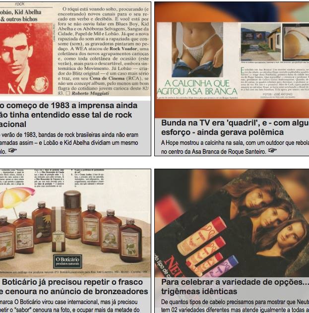 Imagem de 4 fragmentos parciais de posts sobre matérias dos anos 80 e 90, mostrando O Boticário como uma marca ainda sem expressão, o fenômeno publicitário das trigêmeas gaúchas que saíram na Playboy, e a imprensa confusa com o tal de rock'n roll brasileiro