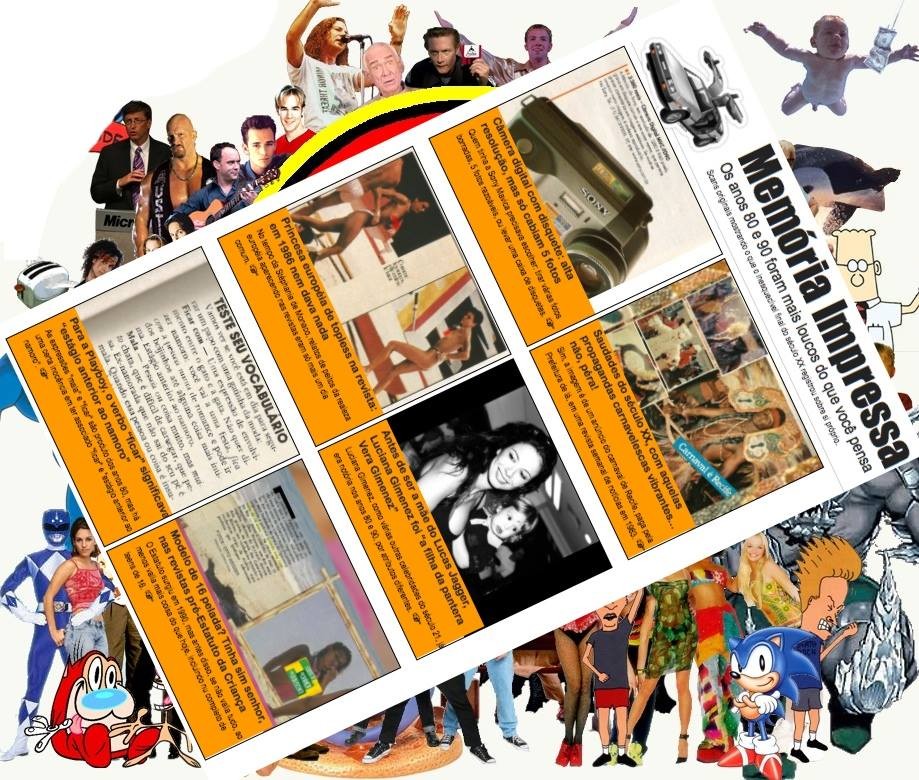 Banner do Memória Impressa na ápoca do lançamento, com fragmento de várias matérias: sobre câmeras digitais com disquetes, a princesa Stephanie de Mônaco na praia, Luciana Gimenez semi-desconhecida, o surgimento da palavra “ficar“ para indicar envolvimento entre pessoas, e mais.