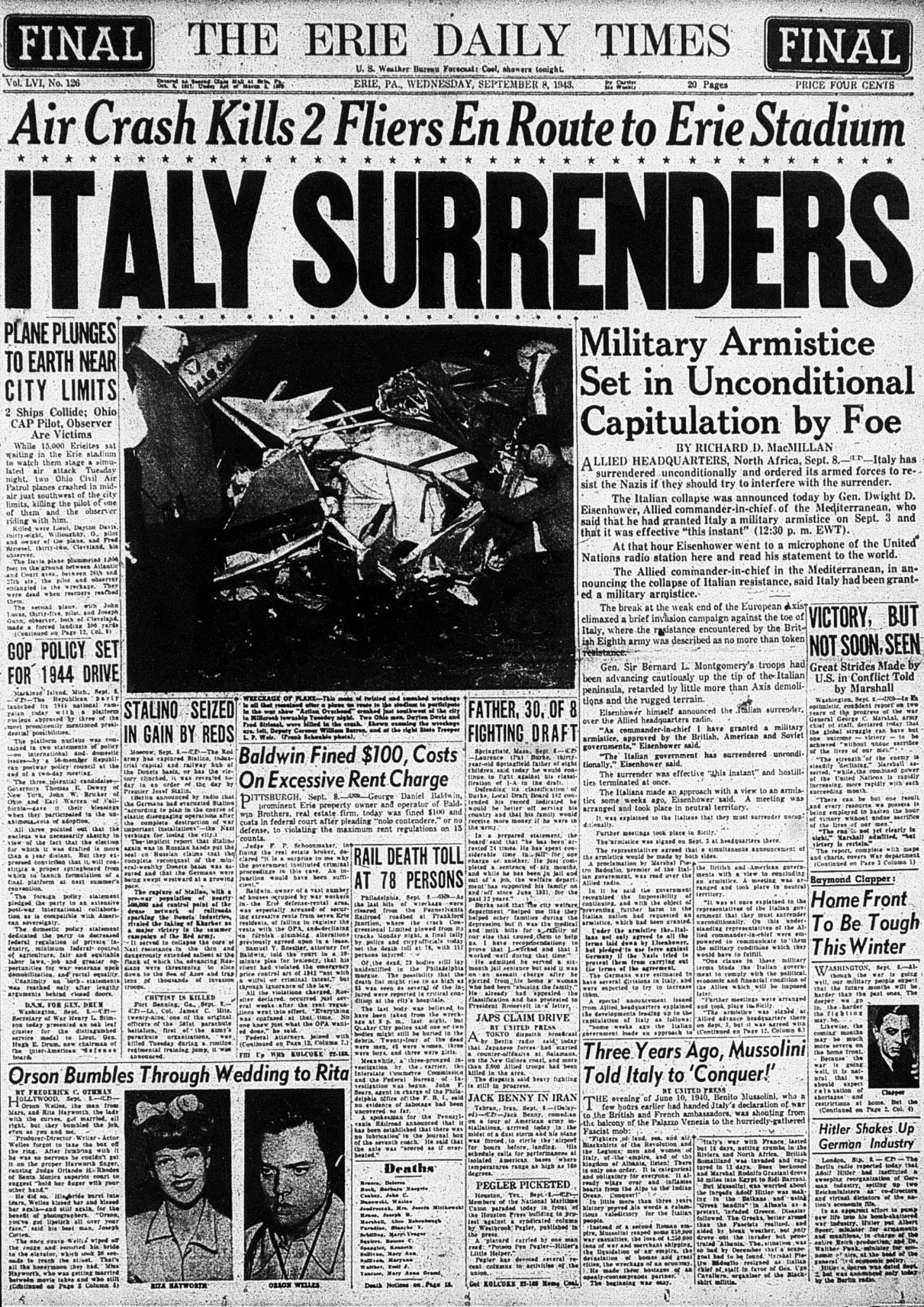 Capa de jornal de 8 de setembro de 1943 com a manchete: ITALY SURRENDERS